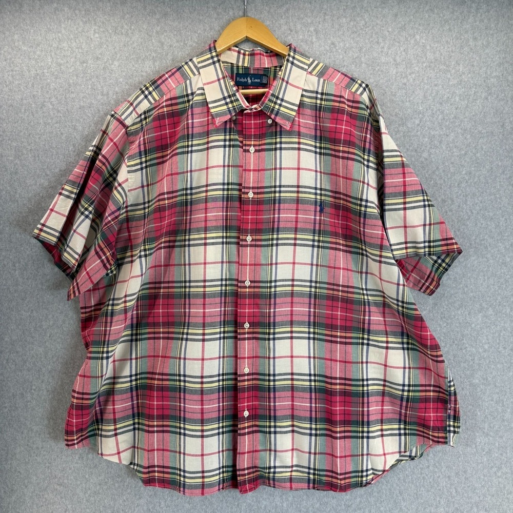 Ralph Lauren Mens Sz 4XB Red Plaid Button Front Shirt Collar Pony Short Sleeve